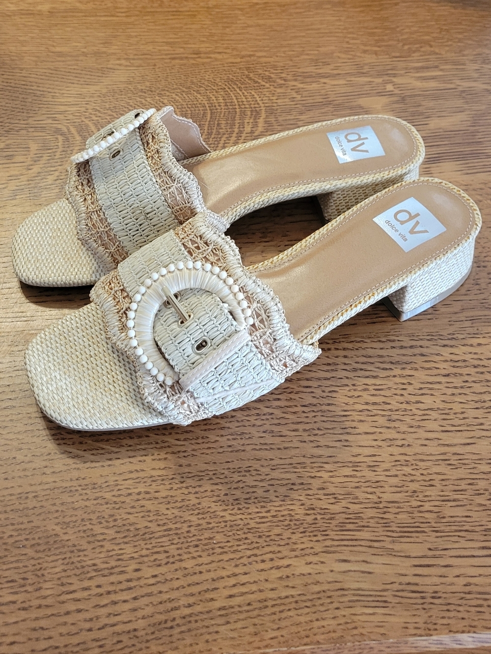 DV Dolce Vita Nillz Buckle Slide Low Block Heel Sandal - natural raffia - Picture 9 of 13